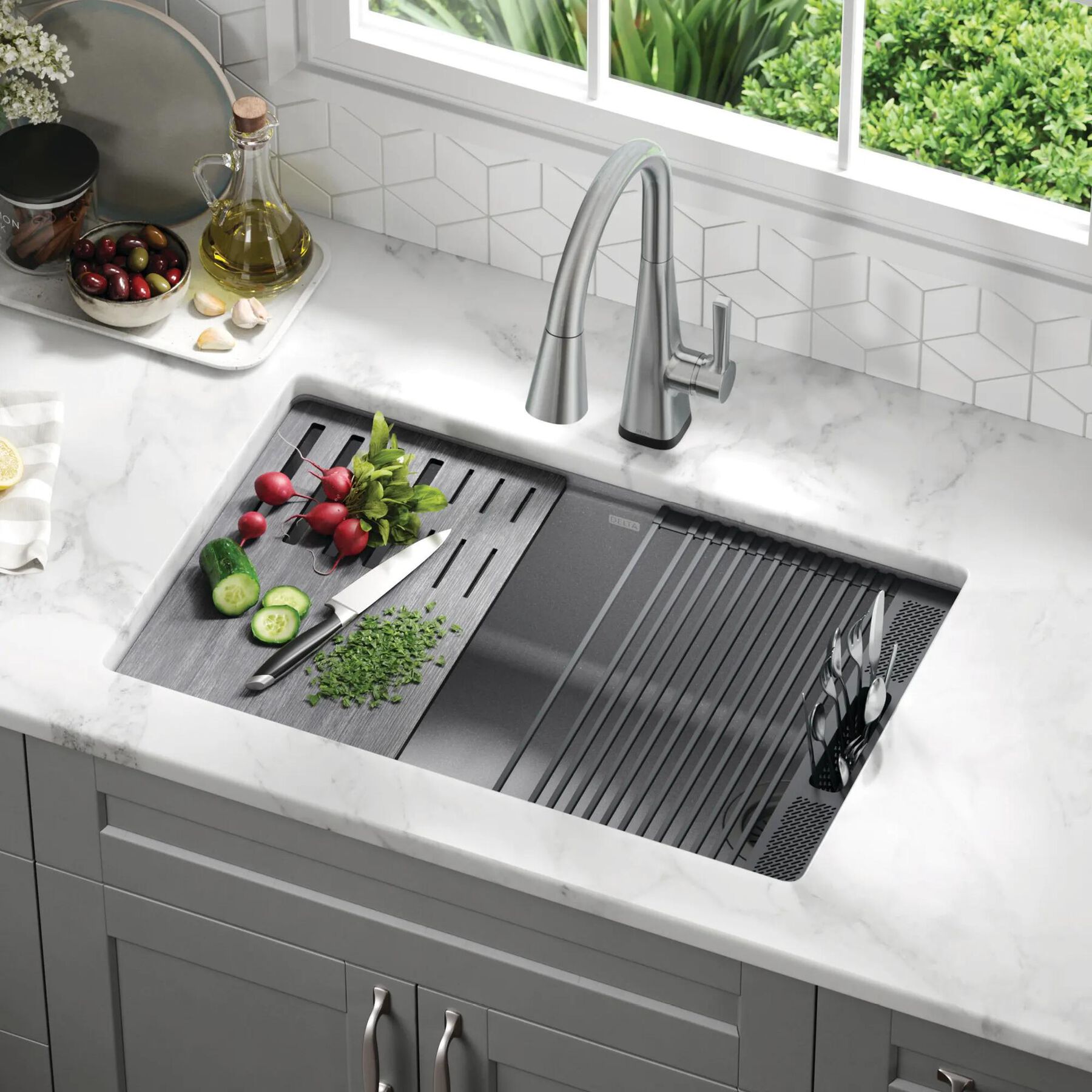 30&rdquo; Granite Composite Workstation Kitchen Sink Undermount Single Bowl with WorkFlow&trade; Ledge and Accessories in Dark Grey
